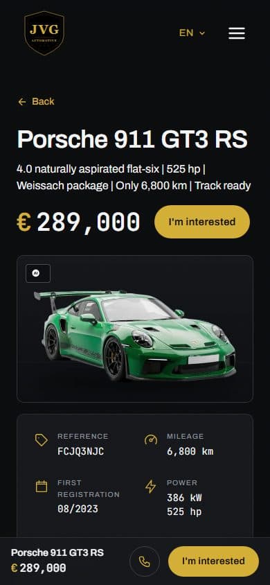 Dezelfde website op een telefoon: een autopagina