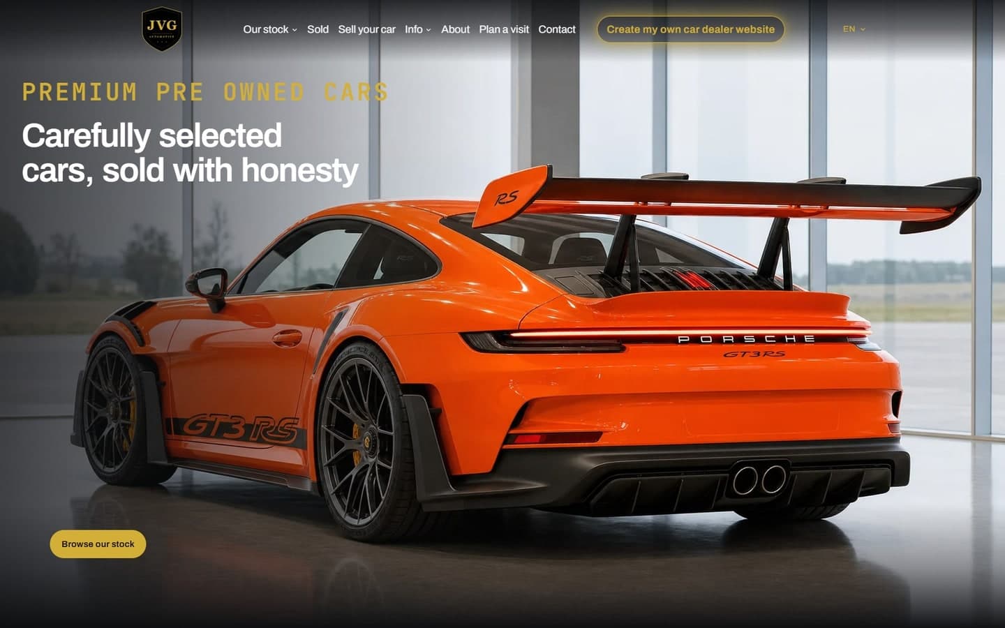 Een dealerwebsite gebouwd op Cars by Forge Digital: de startpagina op een laptop